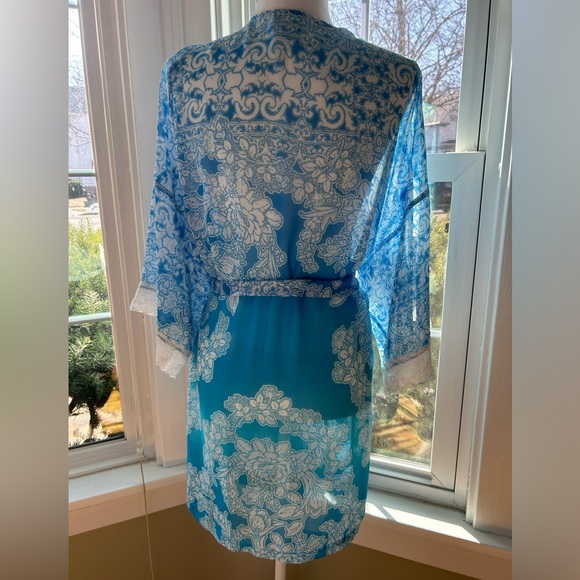 In Bloom by Jonquil Bridal Robes blue ombré lace detail silky robe w/ tie Large - Picture 6 of 12